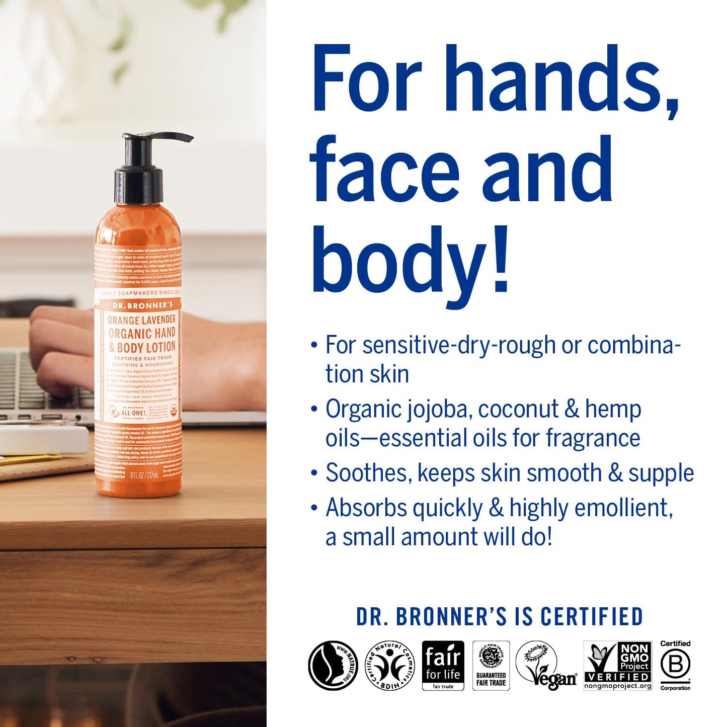 Dr Bronner's 3-in-1 Orange & Lavender Organic Hand and Body Lotion, Made with Organic Oils, Used for Hands, Face and Body, Certified Fair Trade Beauty & Personal Care Dr. Bronner's