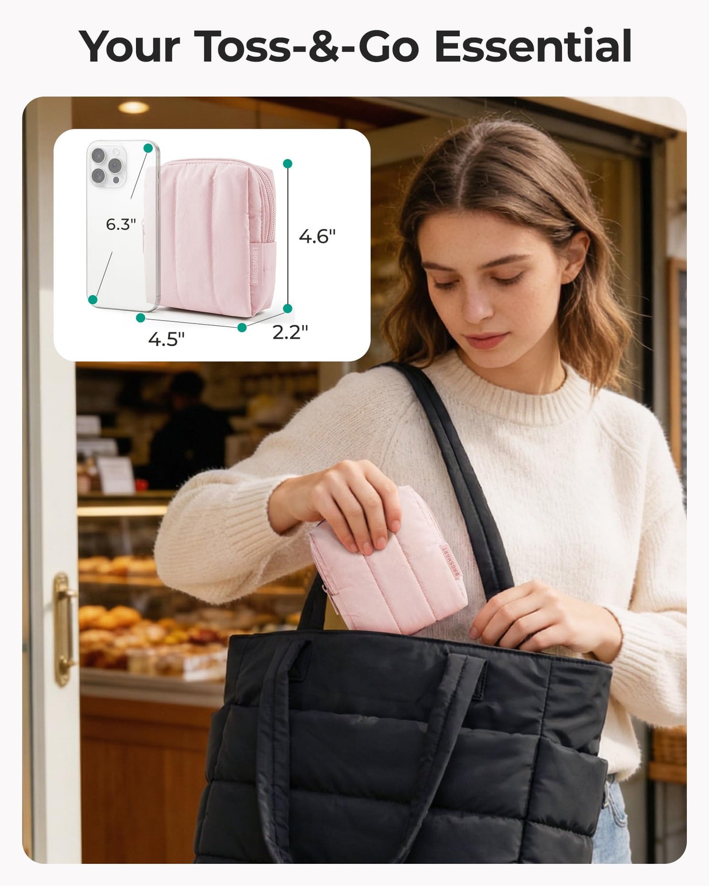 BAGSMART Small Travel Makeup Bag for Purse Toiletry Pouch, Puffy Padded Mini Cosmetics Bag, Cute Make Up Pouch for Women with Slip-in Pocket, Travel Beauty and Personal Care BAGSMART