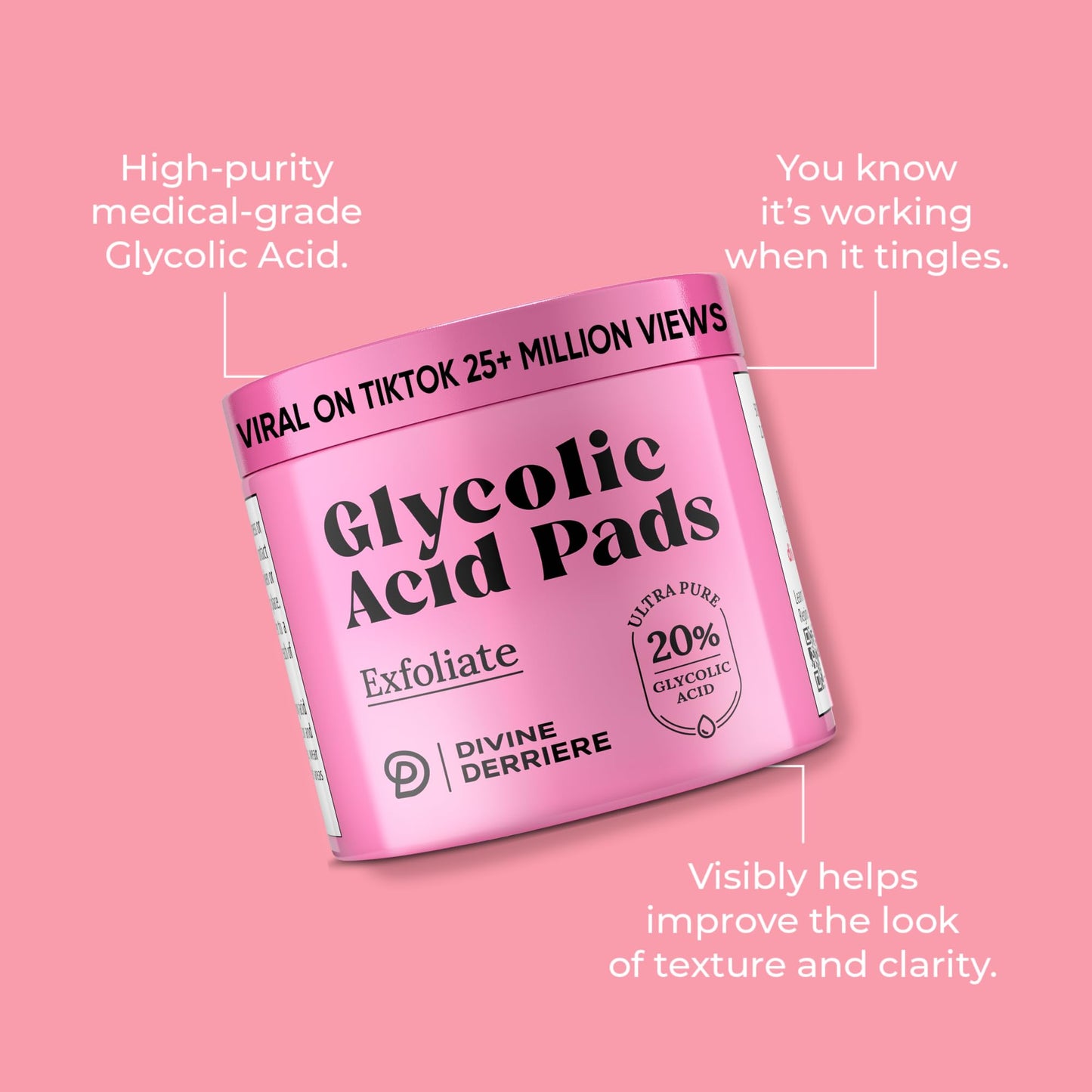Glycolic Acid Pads with Vitamin C - Toner Pads for Face Cleansing With Tea Tree Oil - Exfoliating Pads with 20% AHA & Vitamins E, B3, B5 - Facial Peel