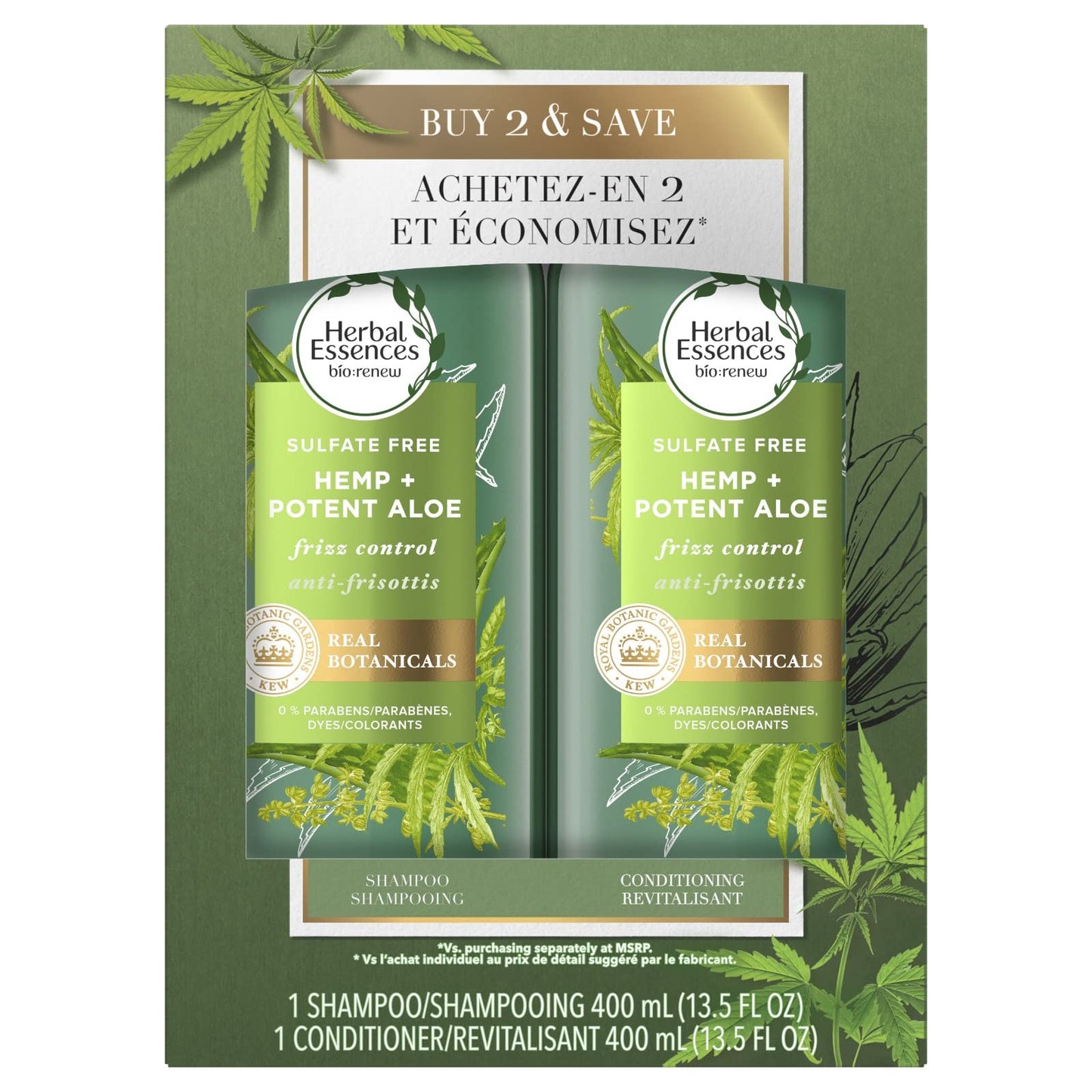 Herbal Essences Bio:Renew Sulfate Free Hemp + Potent Aloe Shampoo and Conditioner Set, 13.5 Fl Oz Each - Nourishes Dry Hair for Frizz Control, Paraben