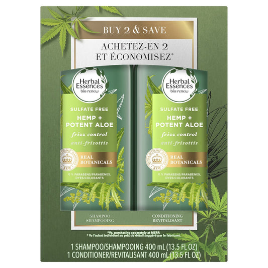Herbal Essences Bio:Renew Sulfate Free Hemp + Potent Aloe Shampoo and Conditioner Set, 13.5 Fl Oz Each - Nourishes Dry Hair for Frizz Control, Paraben Beauty & Personal Care Herbal Essences