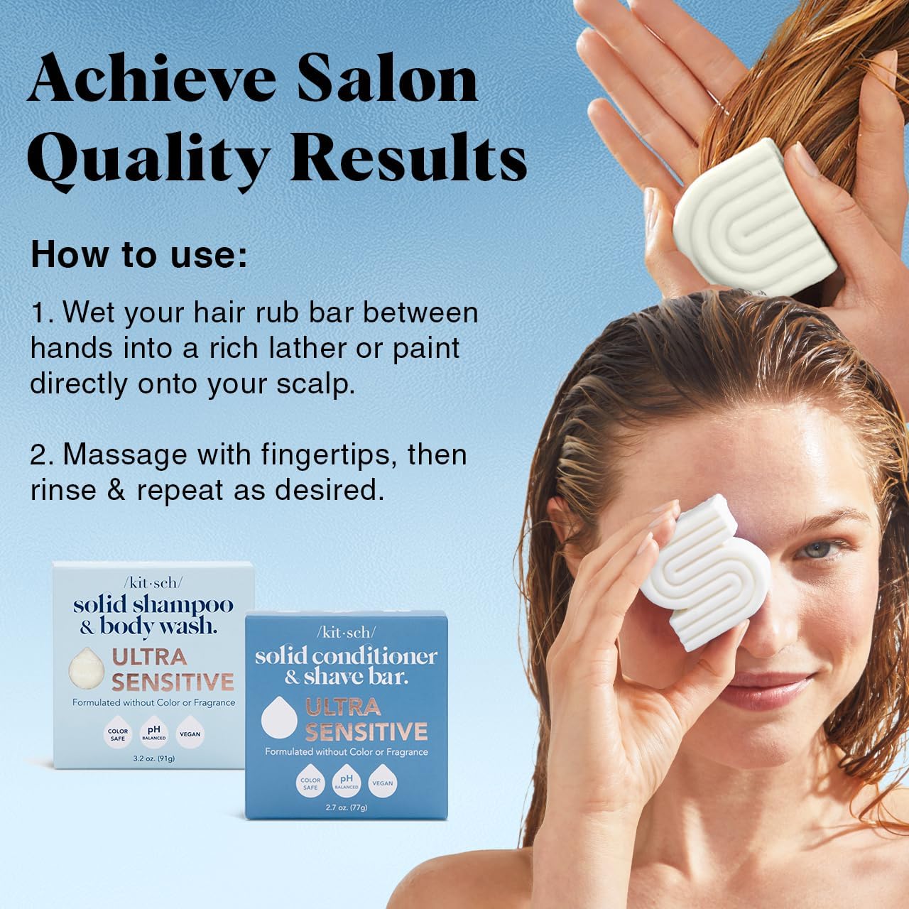 Kitsch 2-in-1 Ultra Sensitive Shampoo Bar & Body Wash + Conditioner Bar & Shaving Soap - Fragrance-Free Bar Soap for Sensitive Skin & Scalp
