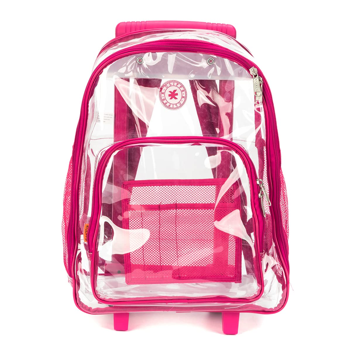 NiceAndGreat Rolling Clear Backpack Heavy Duty Bookbag Quality See Through Workbag Travel Daypack Transparent School Book Bags with Wheels Hot Pink