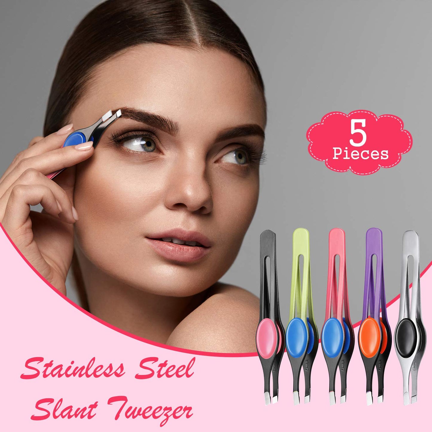 Chumia 5 Pieces Non-Slip Grip Tweezers Slanted Tip Stainless Steel Tweezer Wide Precision Tip Clip Tweezer for Ingrown Hair Eyebrow Shaping Splinter