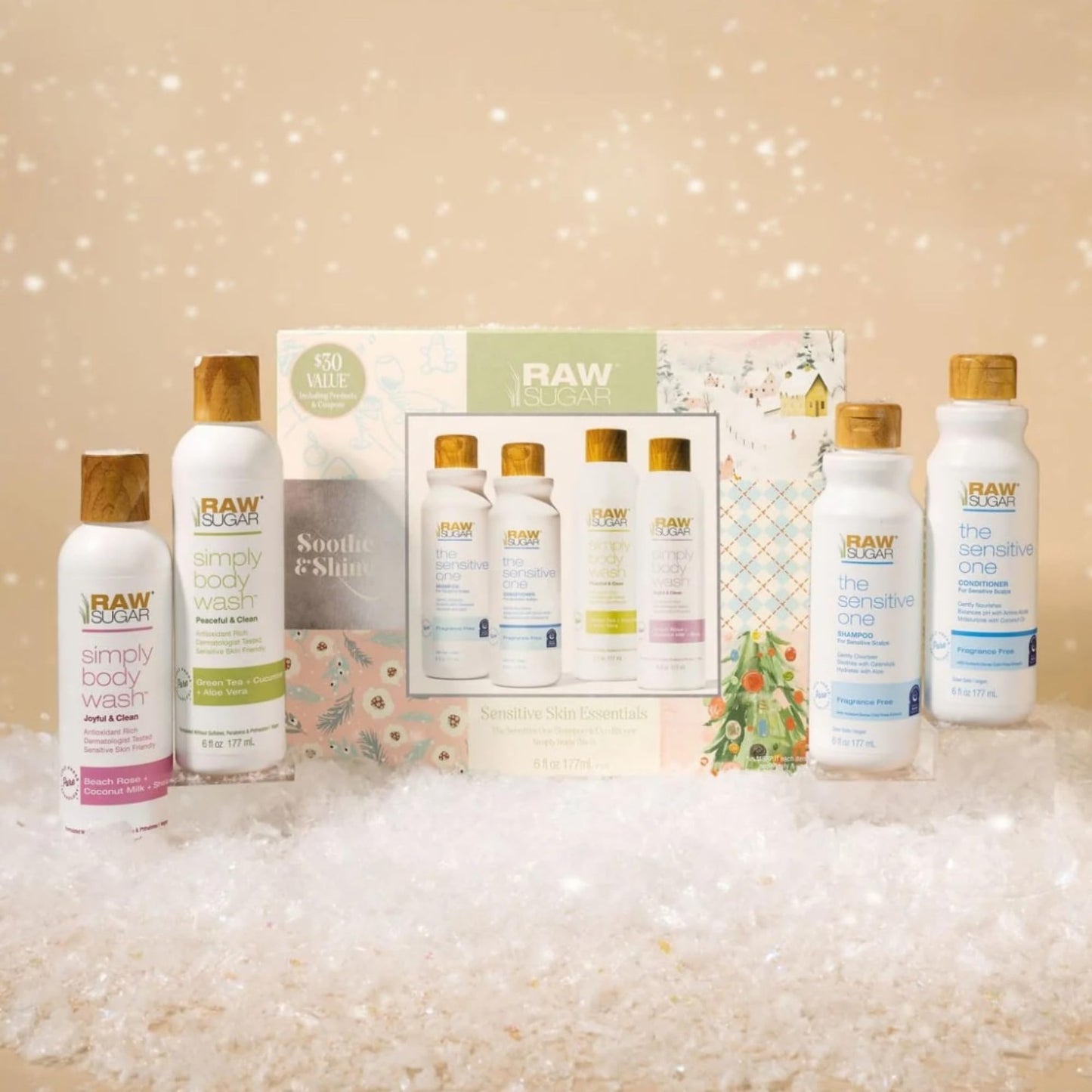 Raw Sugar Holiday Gift Set, Sensitive Skin Collection, Shampoo, Conditioner, 2 Body Washes, 6 fl oz Each
