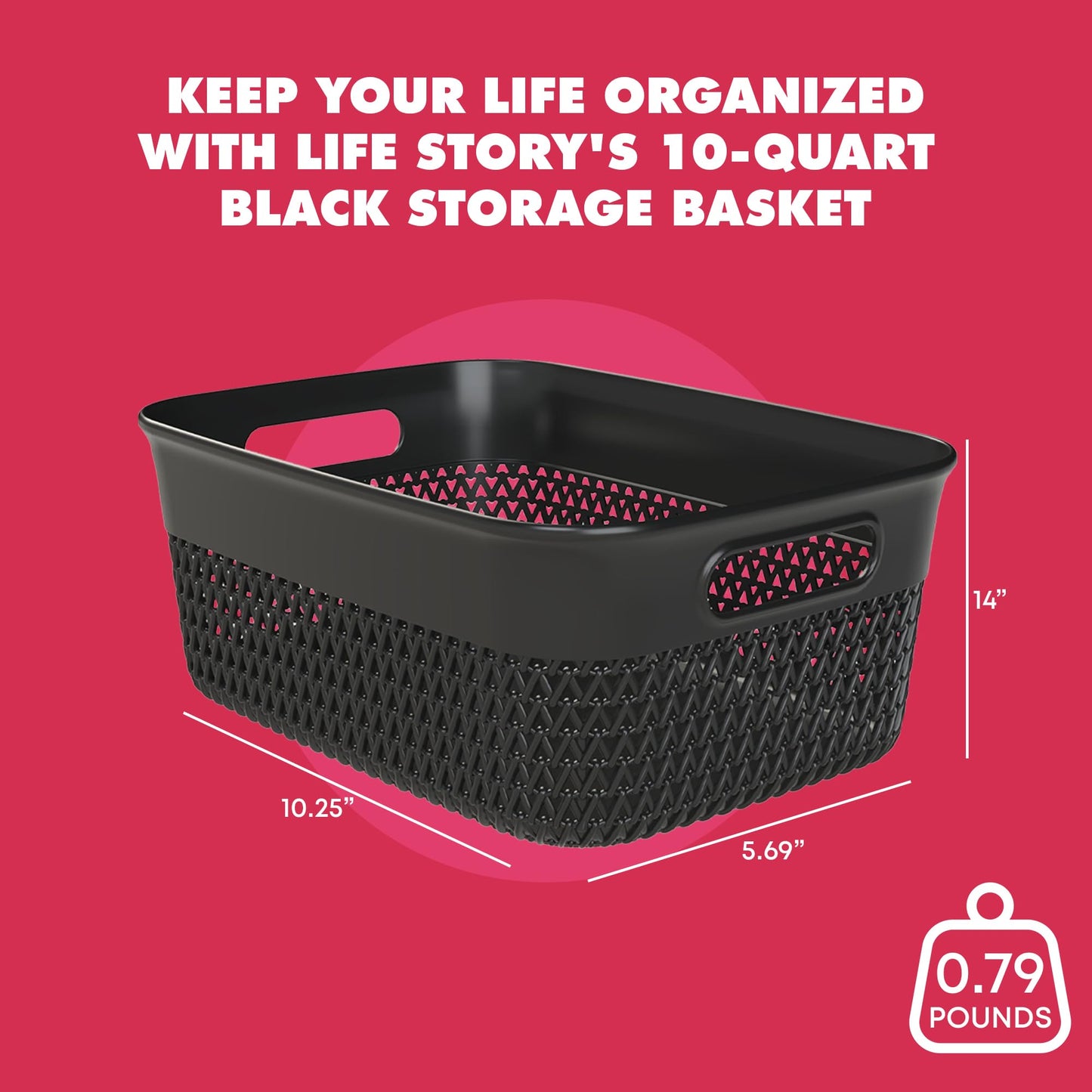 Life Story Medium Storage Basket, Decorative Plastic Home Organizer, Lightweight Versatile Tub with Built-In Handles, 10 Quart, Black