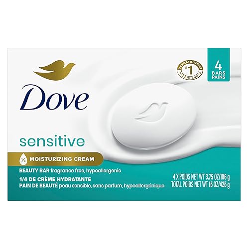 Dove Beauty Bar Soap Sensitive, 4 Bars for Sensitive Skin, Fragrance Free and Hypoallergenic 3.75 oz
