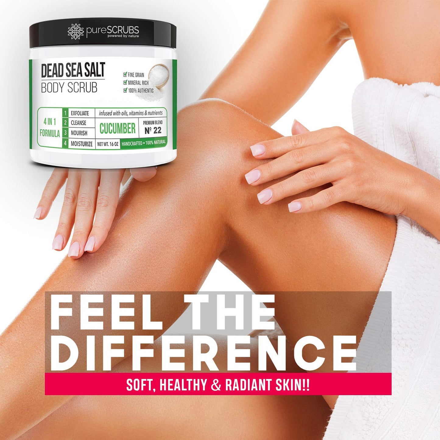 pureSCRUBS Premium Cucumber Body Scrub Set - Large 16oz Dead Sea Salt Body Scrub for Women Exfoliation KP Bump Eraser Body Scrub Includes Wooden