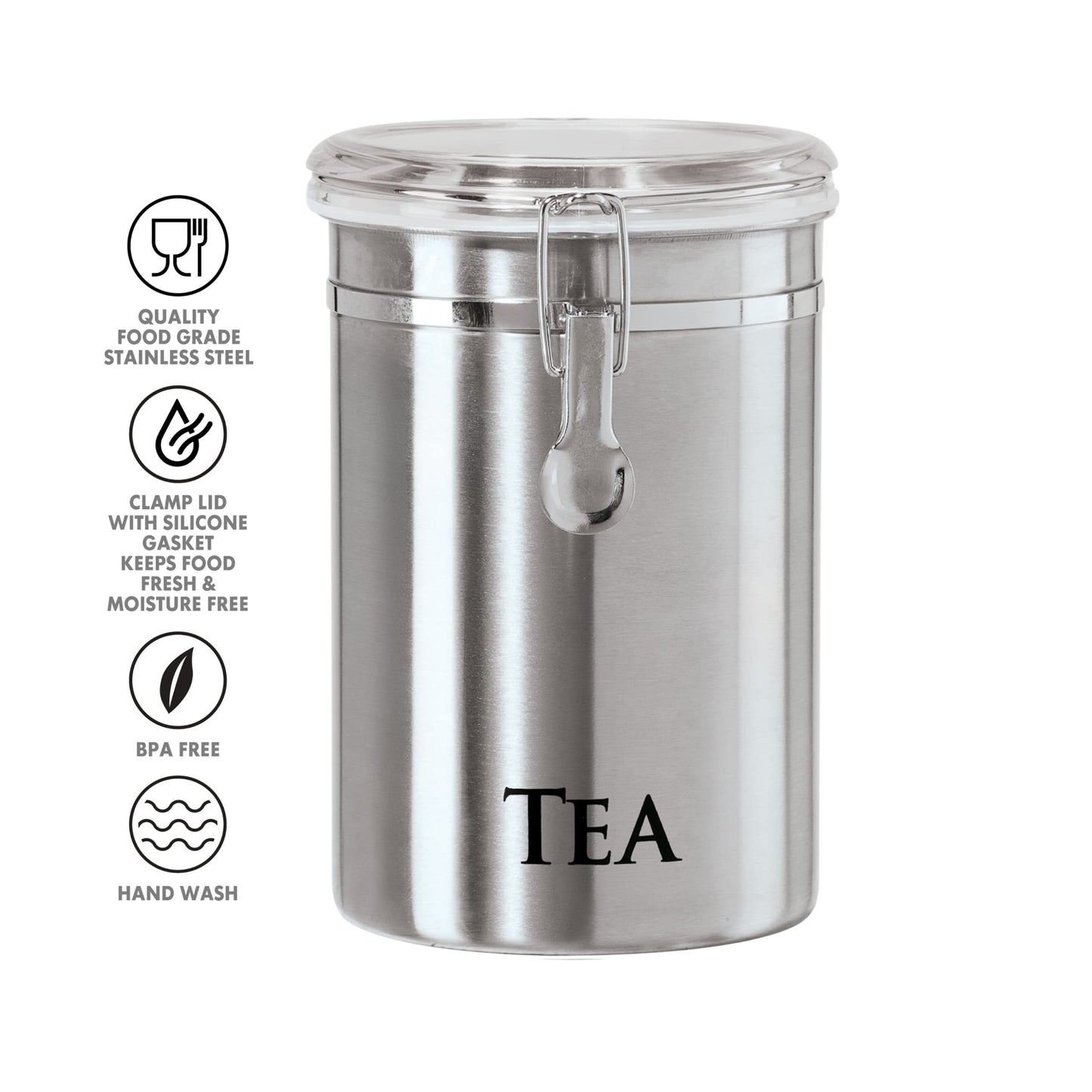 Oggi Stainless Steel Tea Canister 62 fl oz - Airtight Clamp Lid, Clear See-Thru Top - Ideal for Tea Bag, Loose Tea, Kitchen Storage, Pantry Storage.…