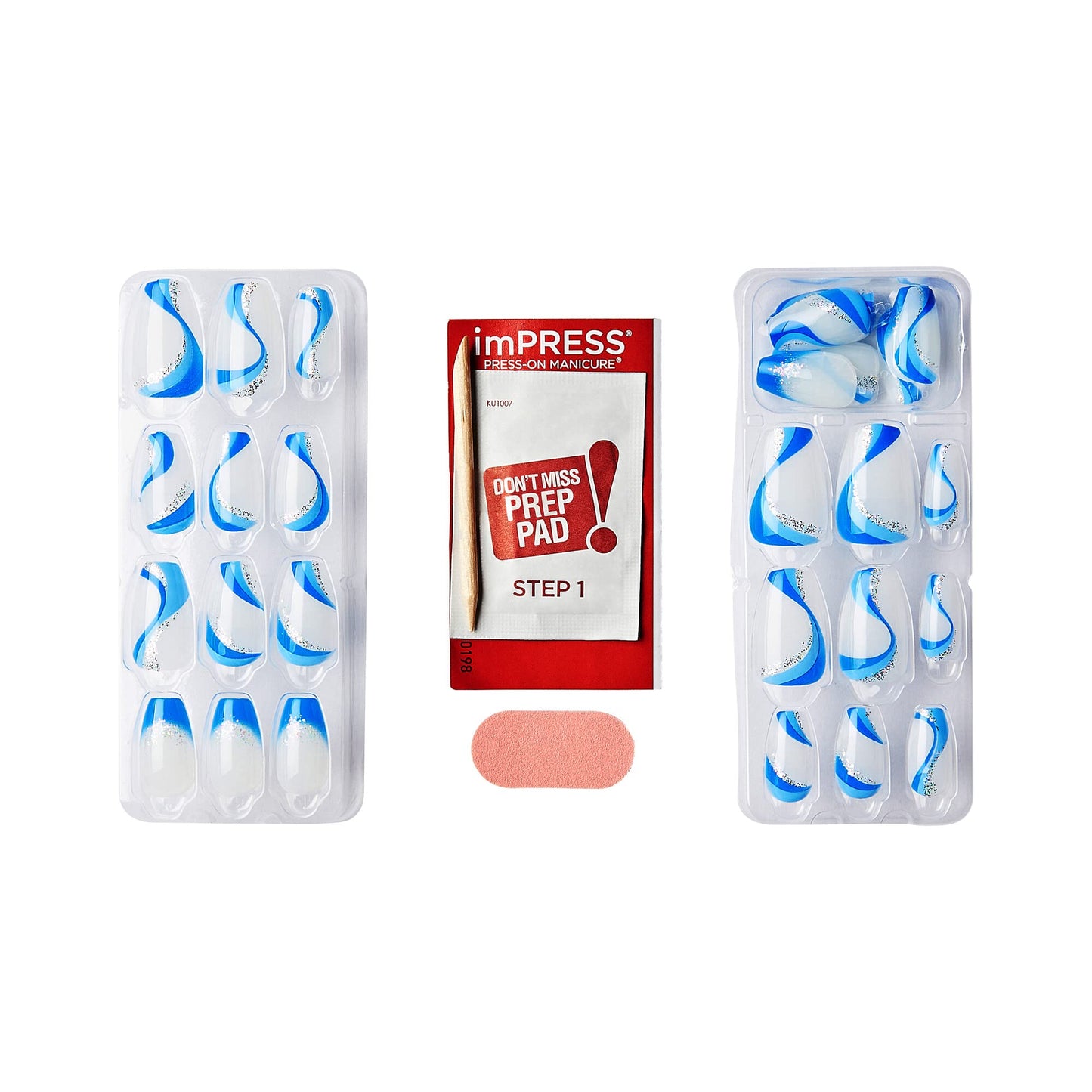 KISS imPRESS No Glue Mani Press On Nails, Design, 'Mesmerize', Blue, Medium Size, Coffin Shape, Includes 30 Nails, Prep Pad, Instructions Sheet, 1