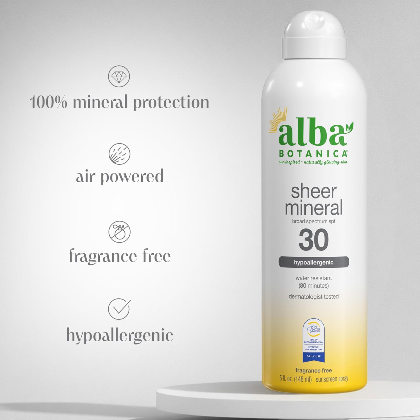 Alba Botanica Sheer Mineral Sunscreen Spray, SPF 30, Fragrance-Free Broad Spectrum, Water Resistant and Biodegradable, 5 fl. Oz. Bottle