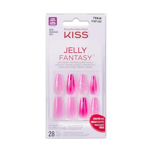 KISS Jelly Fantasy On-Trend Translucent Sculpted Nails, Long, Coffin, “Jelly Baby”, Durable, Easy To Apply, Includes Pink Gel Nail Glue, Mini Nail