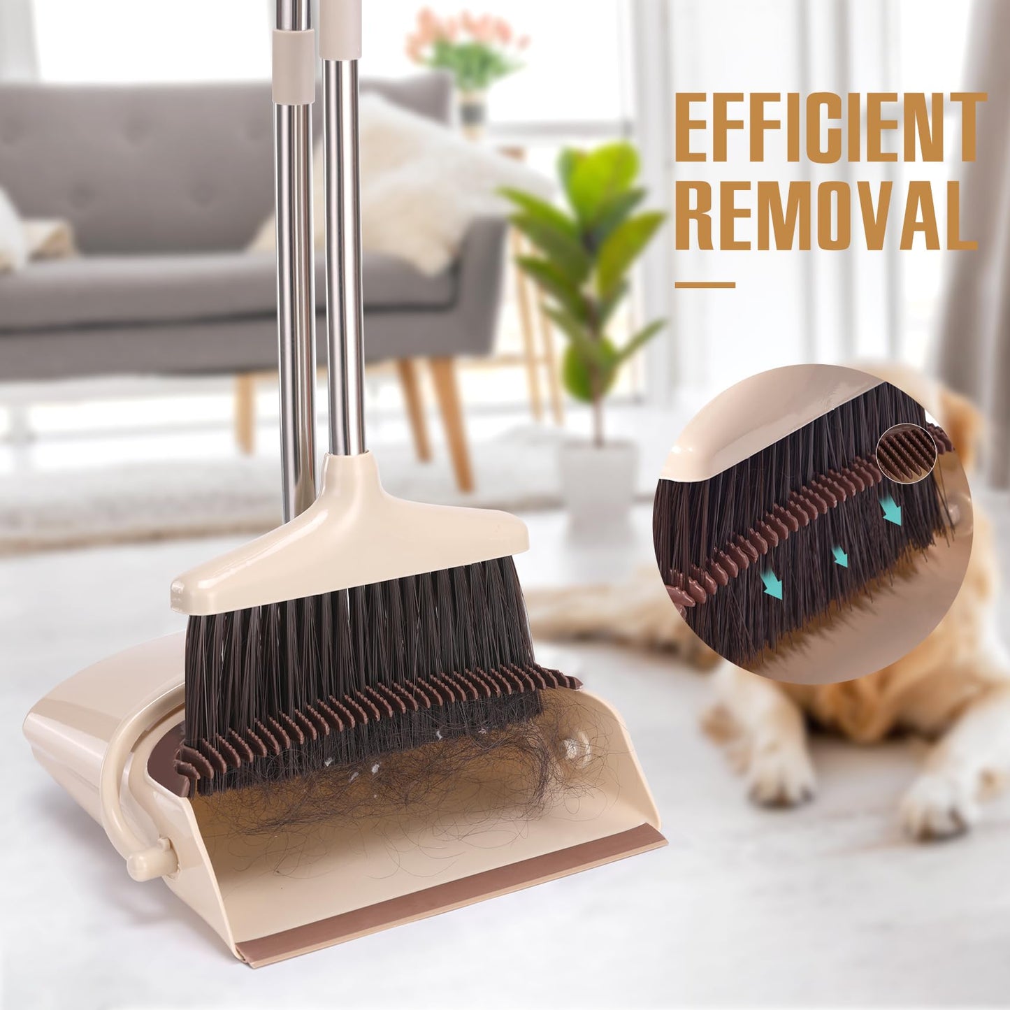 XXFLOWER Broom & Dustpan Set with Long Handle – Lightweight, Upright Stainless Steel Poles, Ideal for Home, Kitchen, Office & Pets