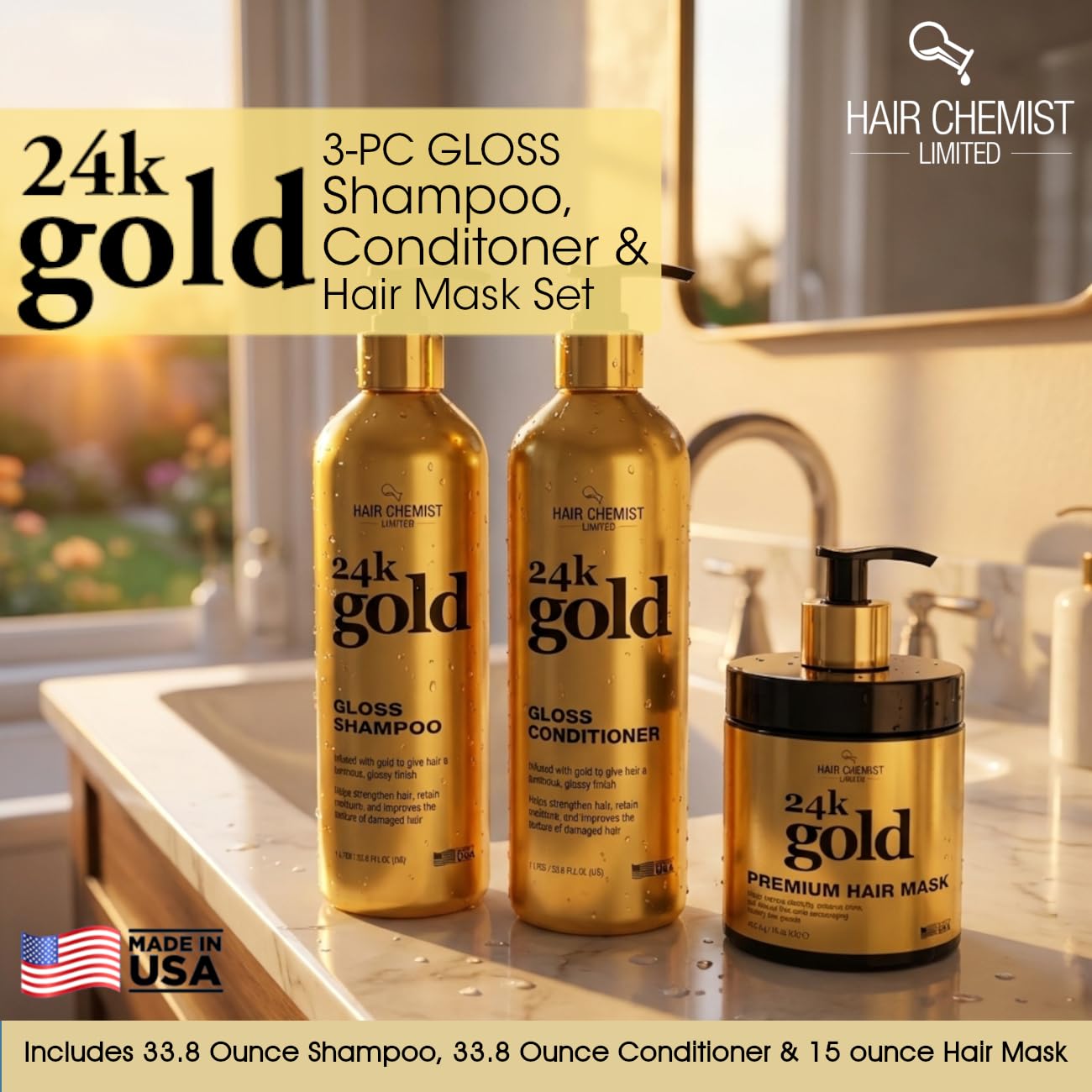 Hair Chemist 24K Gold Gloss 3-Piece Hair Care Set - Gloss Shampoo 33.8oz, Conditioner 33.8oz, & Hair Mask 15oz- Shine Enhancing, Deep Hydrating