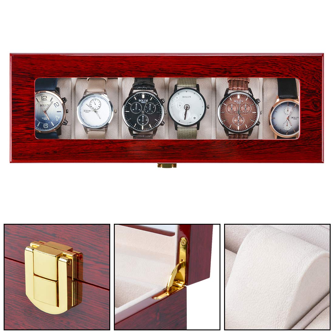 Karamanda 6 Wide Slots Wooden Paint Watch Box, Cherry-red Watch Storage Organizer with Glass Top and Locking Clasp for Women Men's Christmas Gift