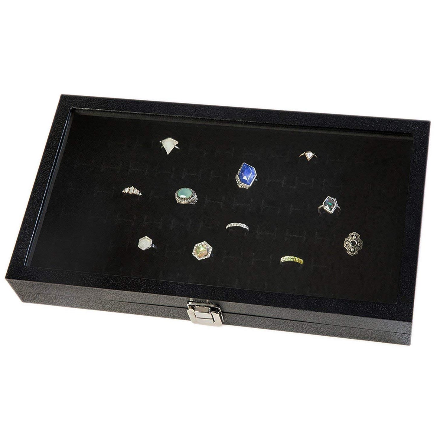 Huji Glass Top Ring Display Showcase With Velvet Insert Liner Jewelry Organizer (1, 72 Slot Case)