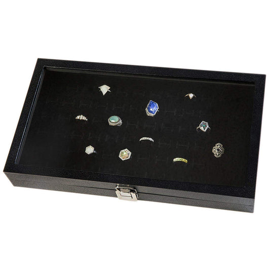 Huji Glass Top Ring Display Showcase With Velvet Insert Liner Jewelry Organizer (1, 72 Slot Case)