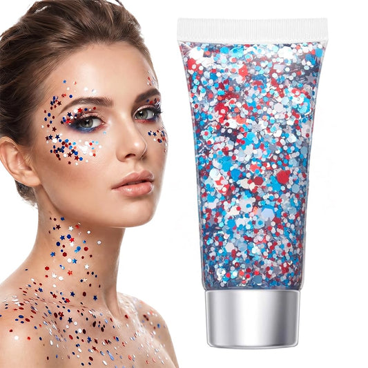 Red White Blue Hair Glitter Stick, 2026 New Patriotic USA Flag Star Chunky Face Body Outfits Sparkle Patriotic Pride Glitter for Soccer President's