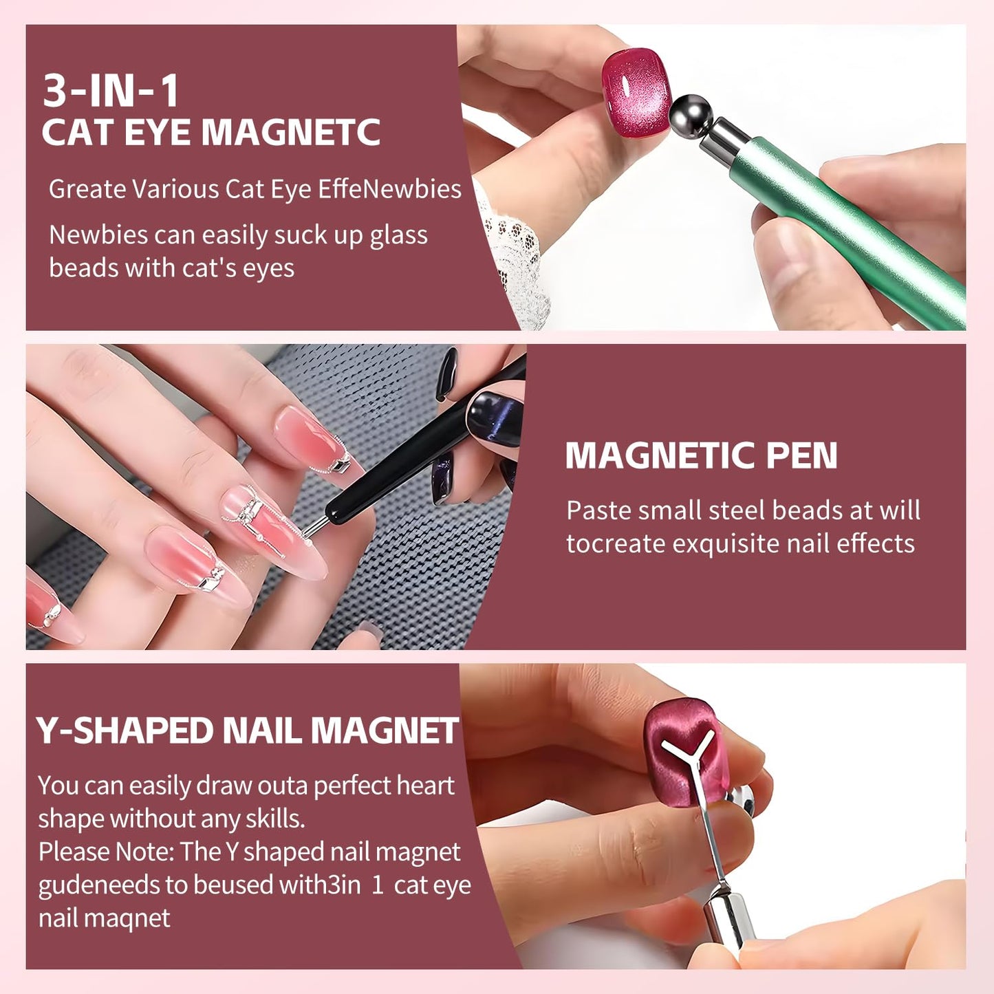 uadbau 4-Piece Cat Eye Magnet Set - Green Dual-Ended Nail Magnet With Round Bead, Heart Nail Magnets for Nail Art, and Black Magnetic Bead-Pickup Pen Beauty and Personal Care uadbau
