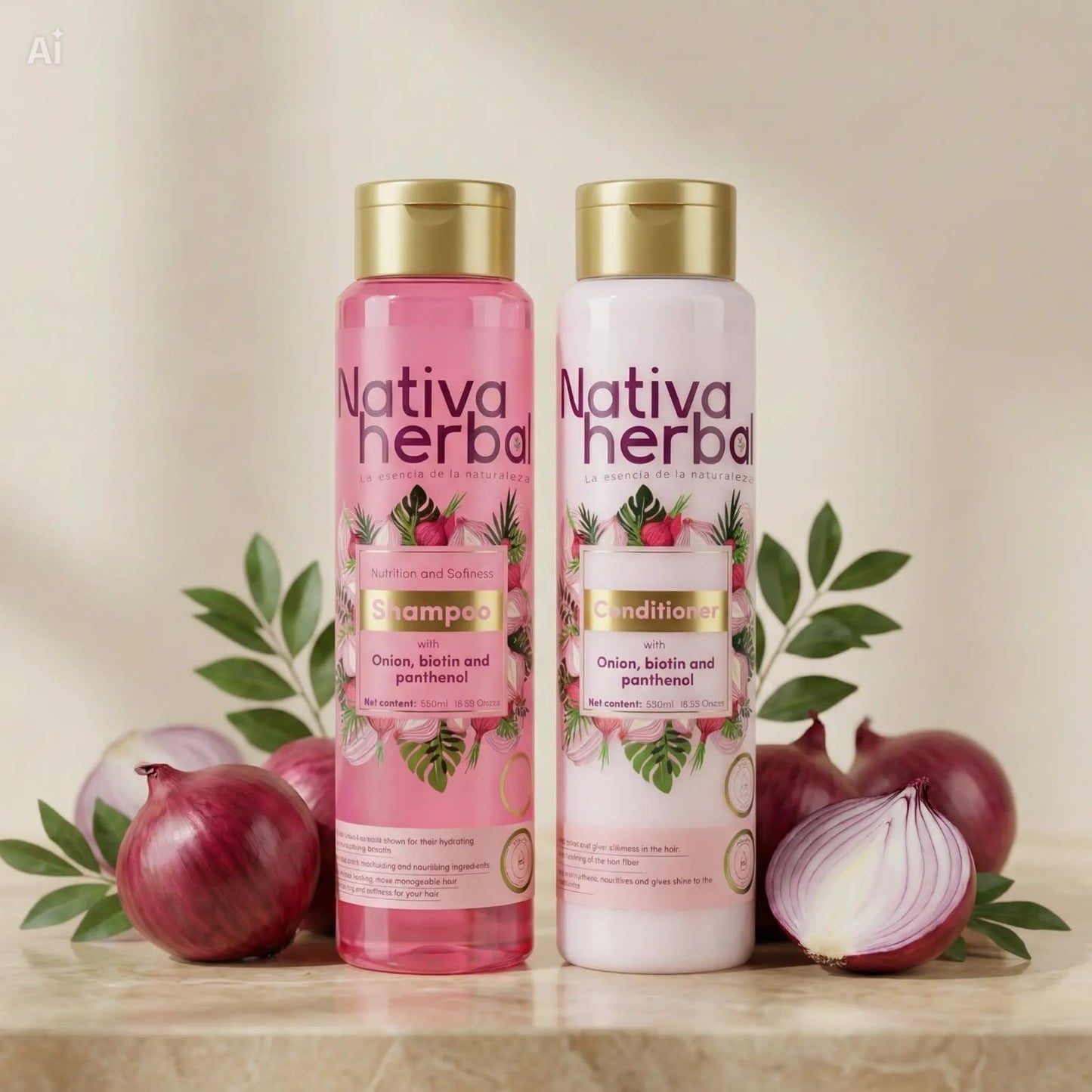 Nativa Herbal Onion shampoo and conditioner set with biotin and panthenol, natural growth formula, anti-frizz strengthening duo for thicker, stronger