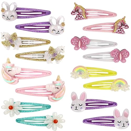Wingchold 16Pcs Girls Unicorn, Butterfly, Flower, Rabbit Hair Clips - Sparkly Rainbow Hair Accessories for Toddlers, Kids, Hair Clips for Party