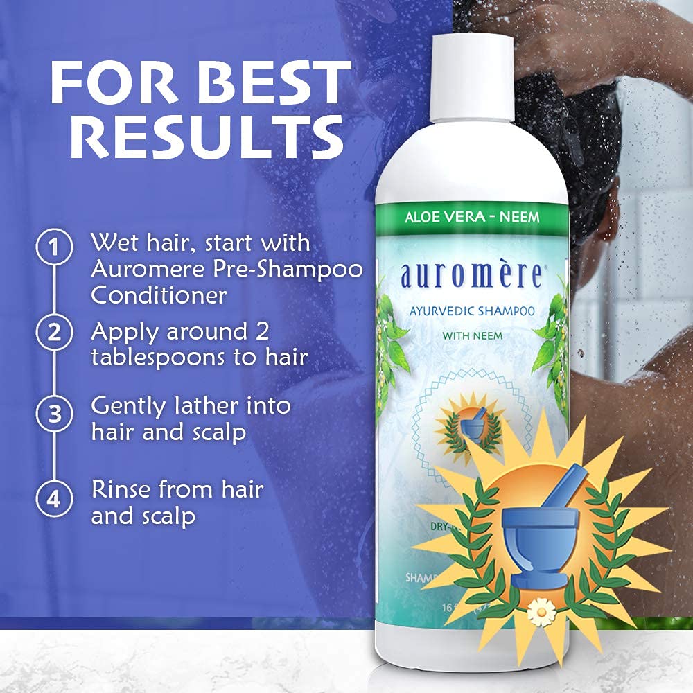 Auromere Ayurvedic Shampoo, Aloe Vera Neem - Vegan, Cruelty Free, Non-GMO, Natural, Gluten Free, Sulfate Free, Paraben Free for Dry to Normal Hair (16
