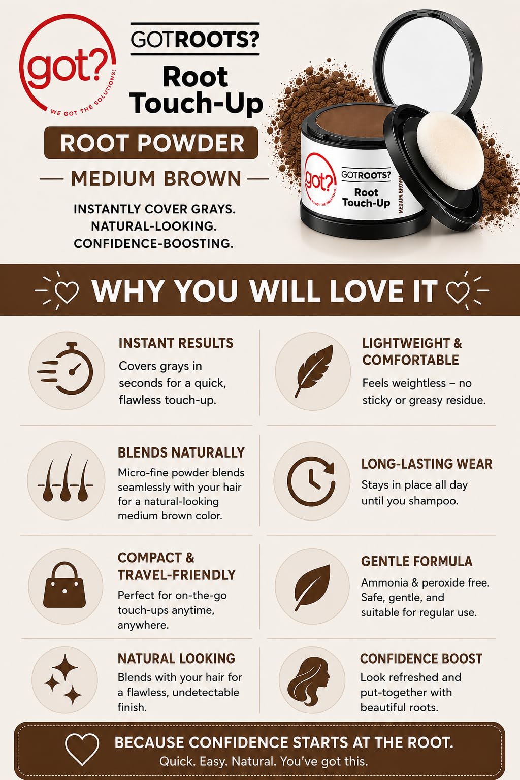 got? WE GOT THE SOLUTIONS! Pigment Infused Binding Root Touch Up Hair Color, Brow Filler & Hairline Powder for Medium Brown - Temporary Thinning