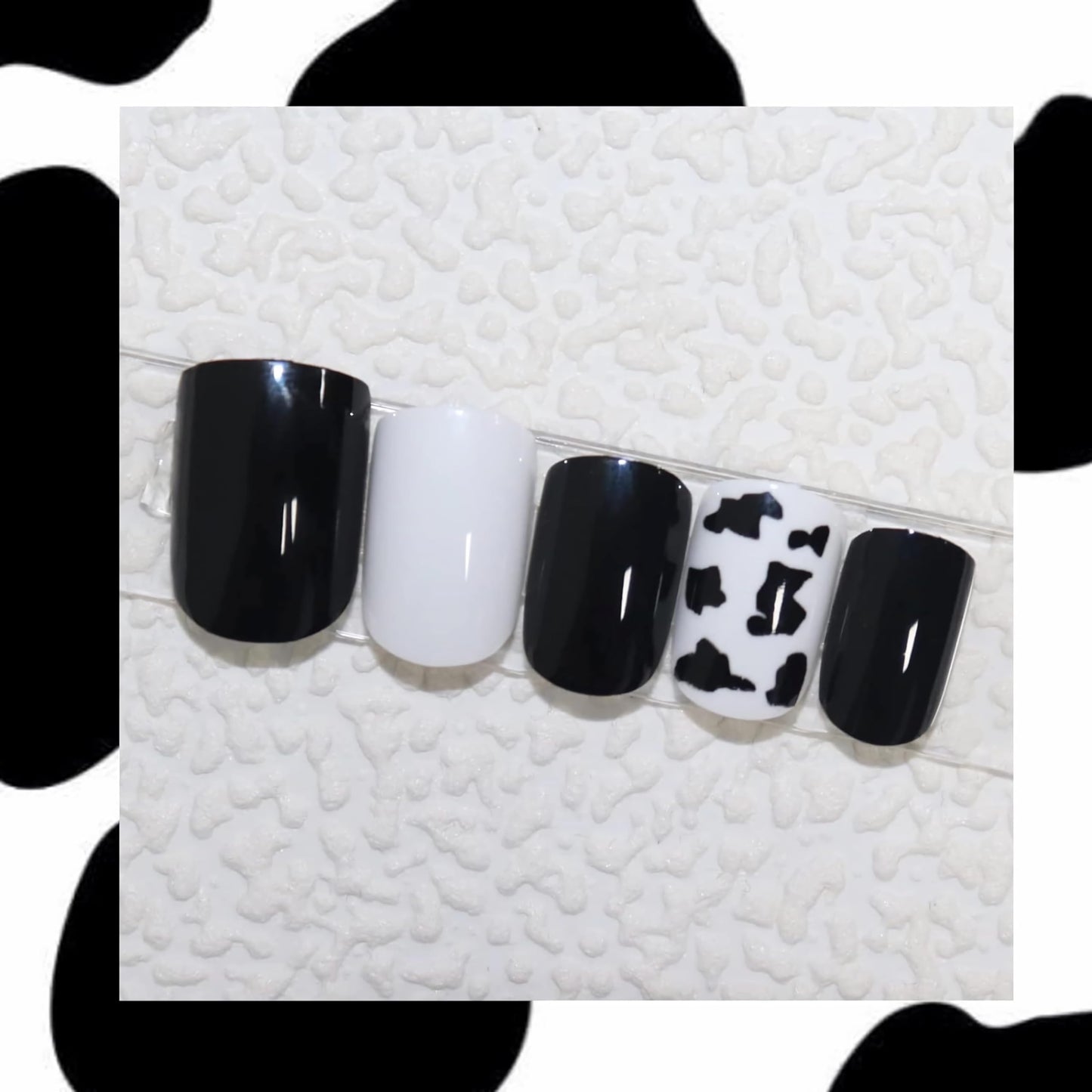 BABALAL Square Press-on Short Cow Print Nails - 24Pcs Cute Squoval Fake Glossy Black Acrylic Nails for Women and Girls