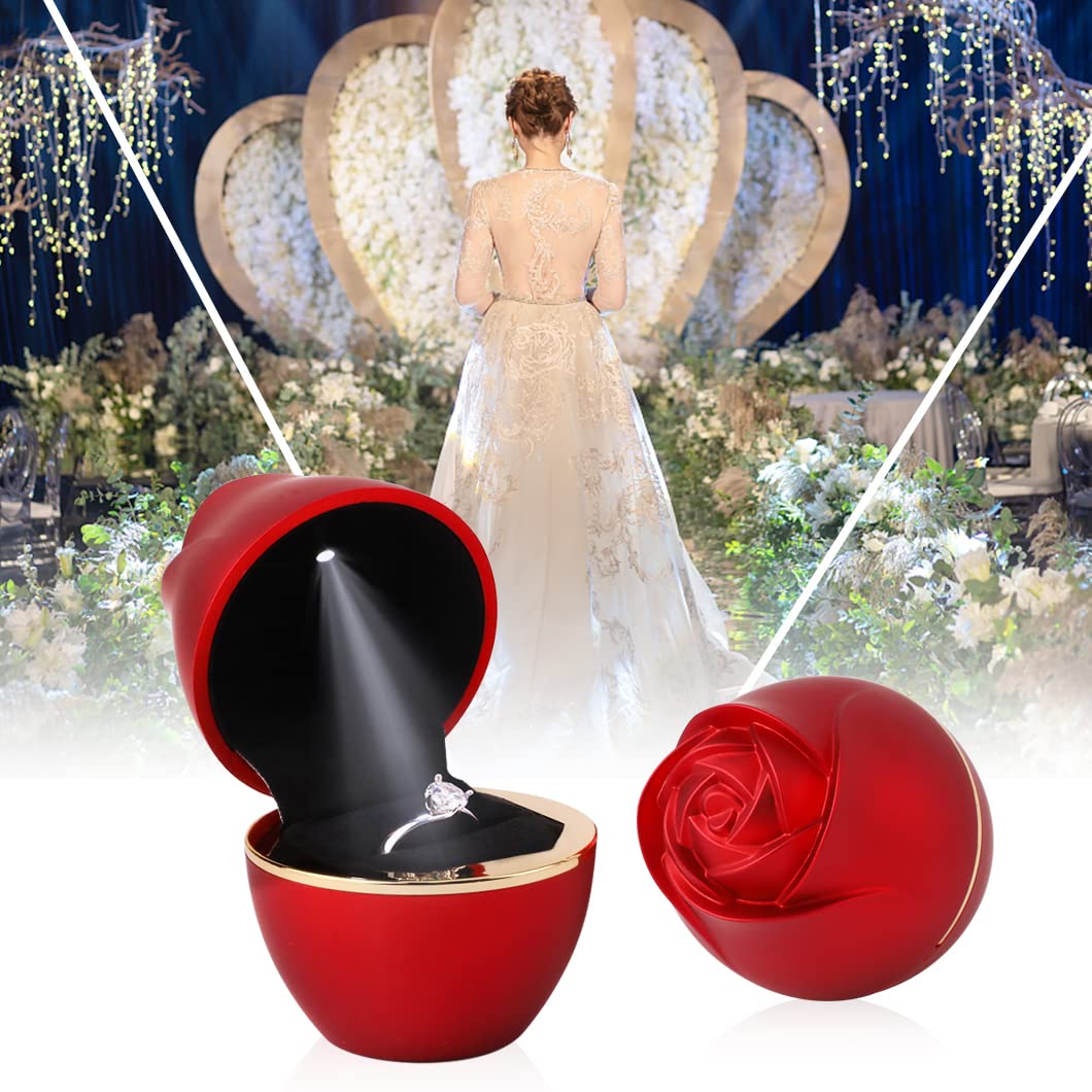 Rolin Roly Red Ring Box with LED Light Rose Jewelry Ring Case Jewellry Display Gift Boxes for Mother's Day Wedding Ring Box Ceremony Engagement…