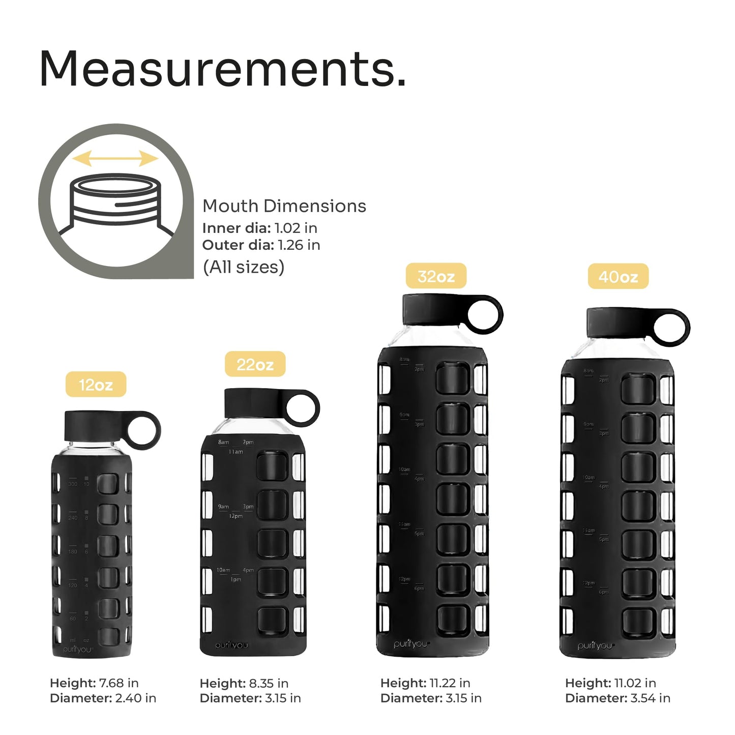 purifyou 40oz / 32oz / 22oz / 12oz Borosilicate Glass Water Bottle with Time & Volume Markers, Silicone Sleeve, Stainless Steel Lid | Reusable Glass