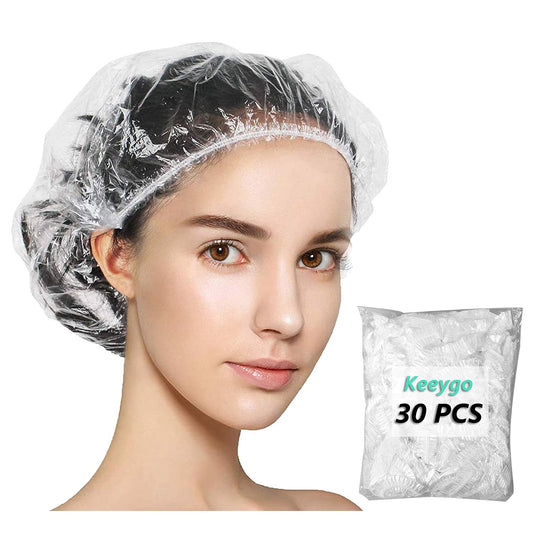 Keeygo Disposable Shower Caps 30 PCS Bath Caps Clear Waterproof Plastic Wraps for Women, Hotel Travel Essentials Accessories Hair Caps(17.3") Beauty and Personal Care Keeygo