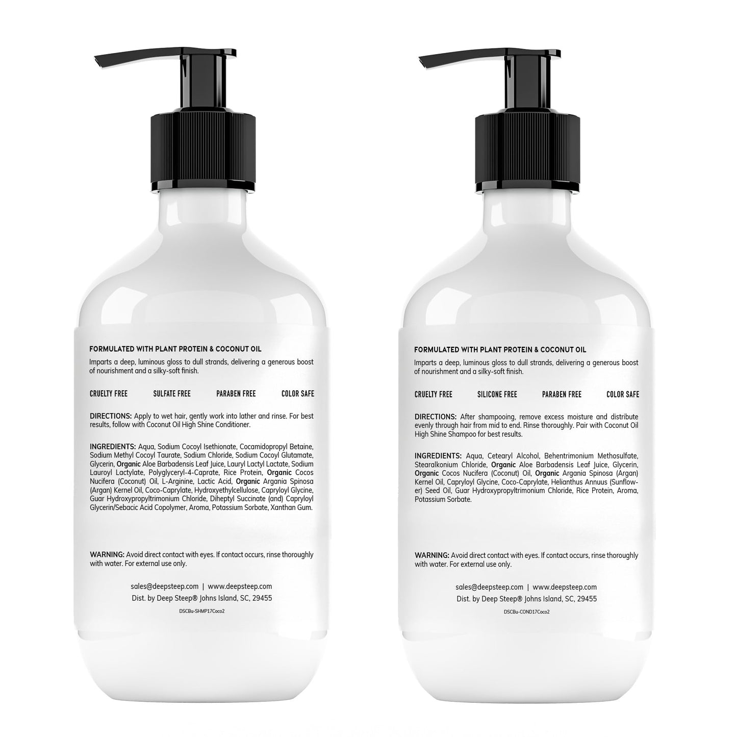 Deep Steep High Shine Coconut Oil Shampoo & Conditioner, 17 oz - Moisturizing Shampoo with Aloe Vera, Argan Oil, Rice Protein - Sulfate-Free, Vegan