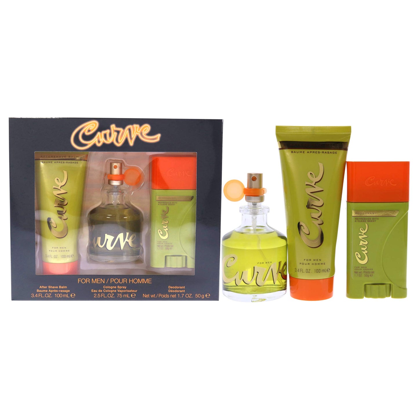 Curve Curve for Men, Men's Fragrance 3 Piece Gift Set, 2.5 Fl. Oz. Eau De Cologne, 3 Count, aftershave/deodorant