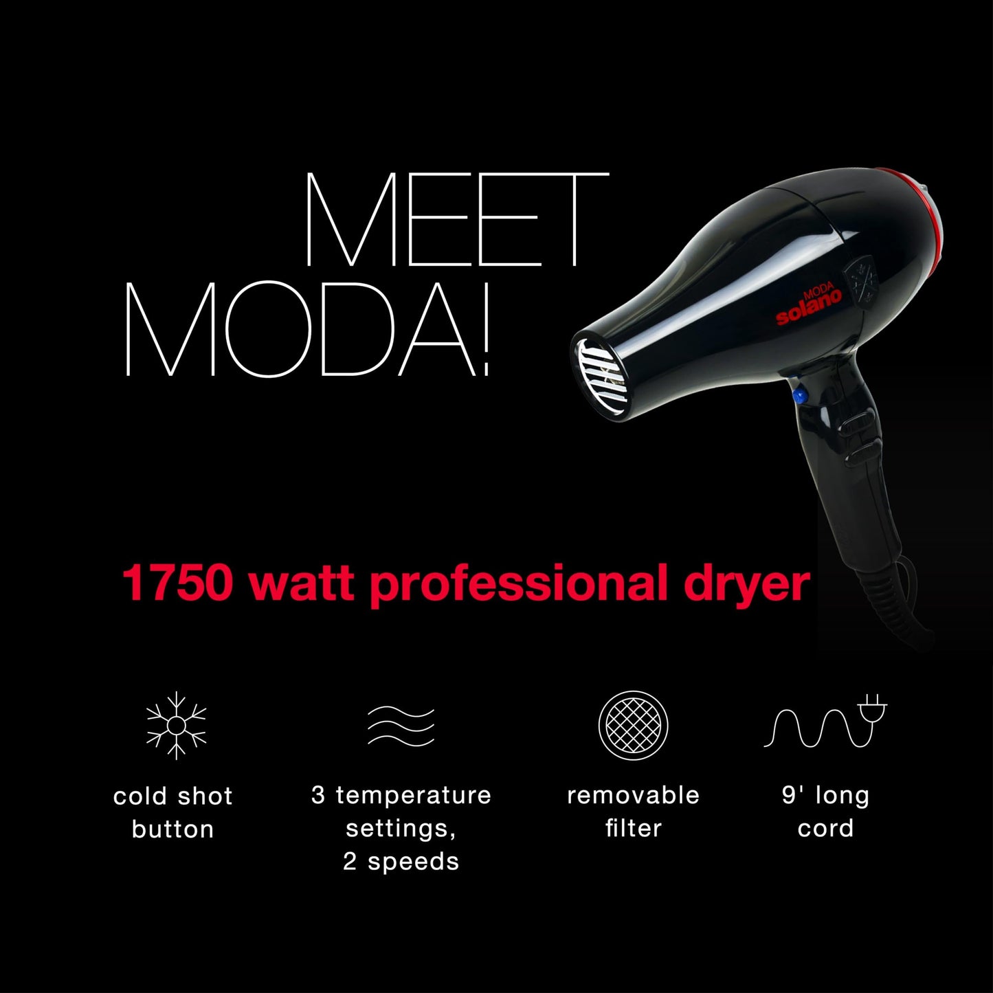 Solano Moda Fast Drying 2-Speed Ionic Hair Dryer | 1750 Watt + Internal Silencer + Far Infrared Heat| Smoothing Without Sacrificing Body or Bounce |