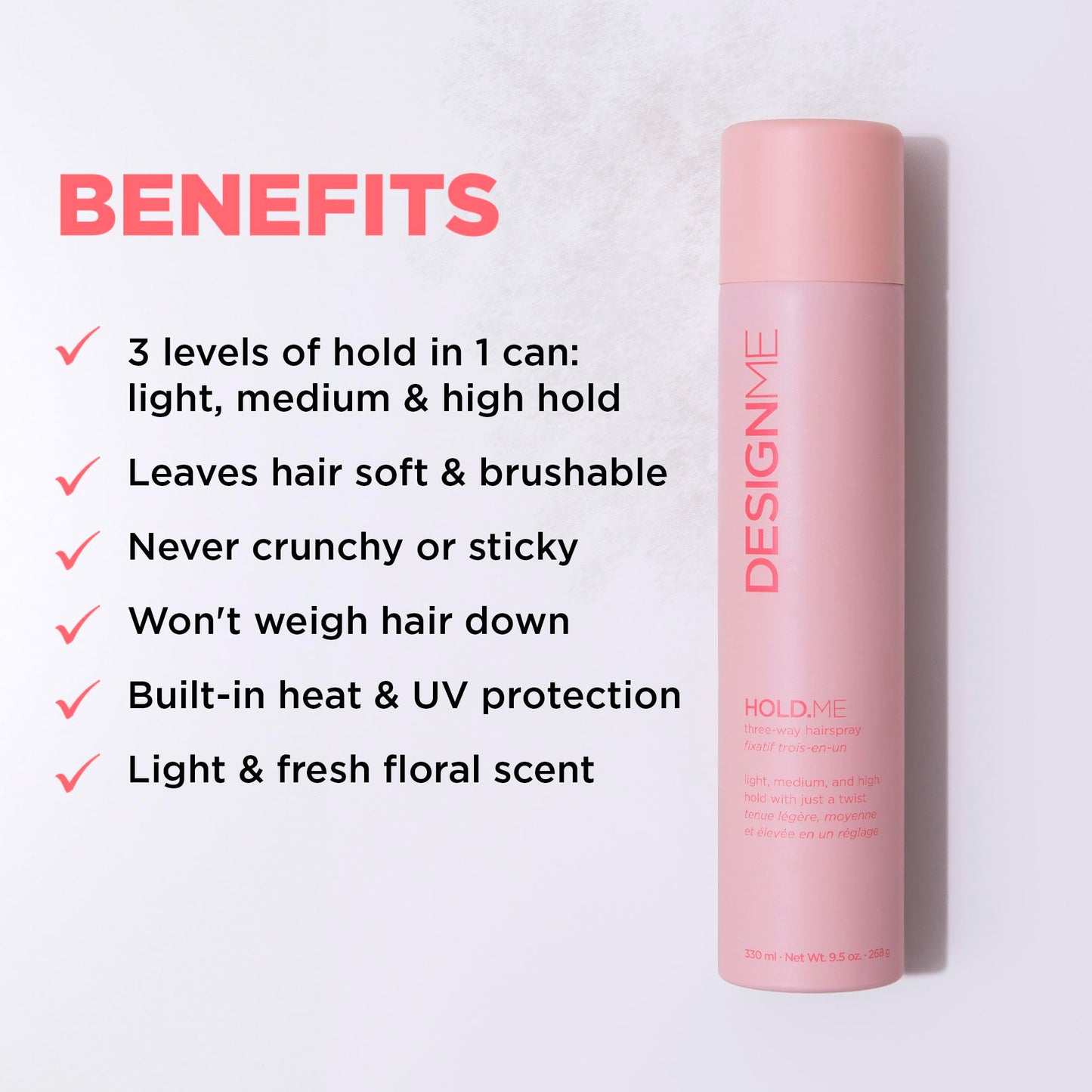 HOLD.ME Three-Way Hairspray by DESIGNME | Hairspray with Light, Medium, & High Hold Options | Extra Hold Hair Spray with Thermal Protectors & Vitamin