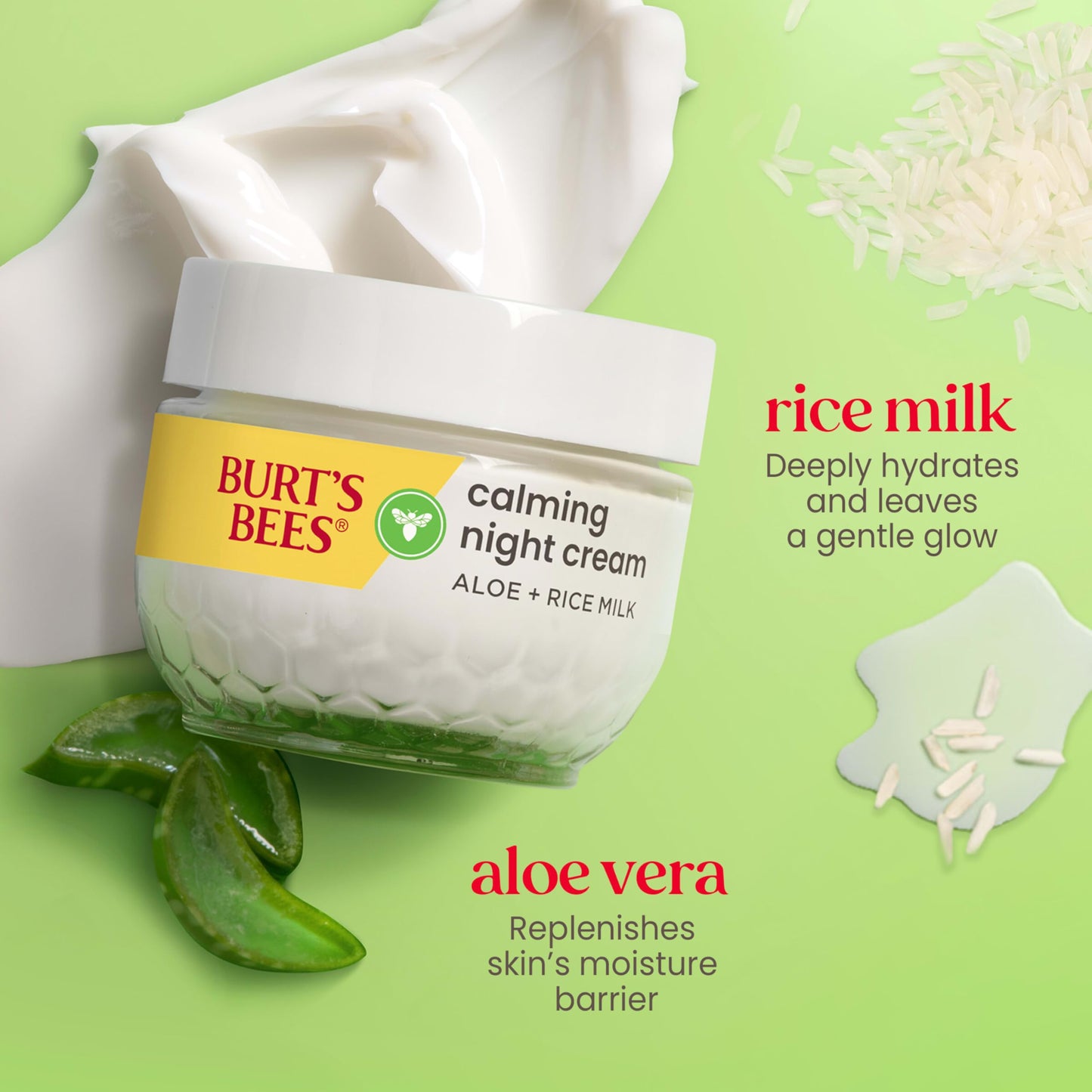 Burt's Bees Calming Night Cream With Aloe and Rice Milk, Face Moisturizer For Sensitive Skin Infuses Skin With Moisture While You Sleep, 98.8 Percent