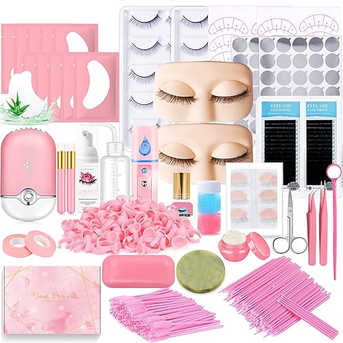 DNSGOOR Lash Extension Kit Professional Eyelash Extensions Supplies Training for Beginners Mannequin Head Grafting Lash USB Fan Lash Shampoo Brush…