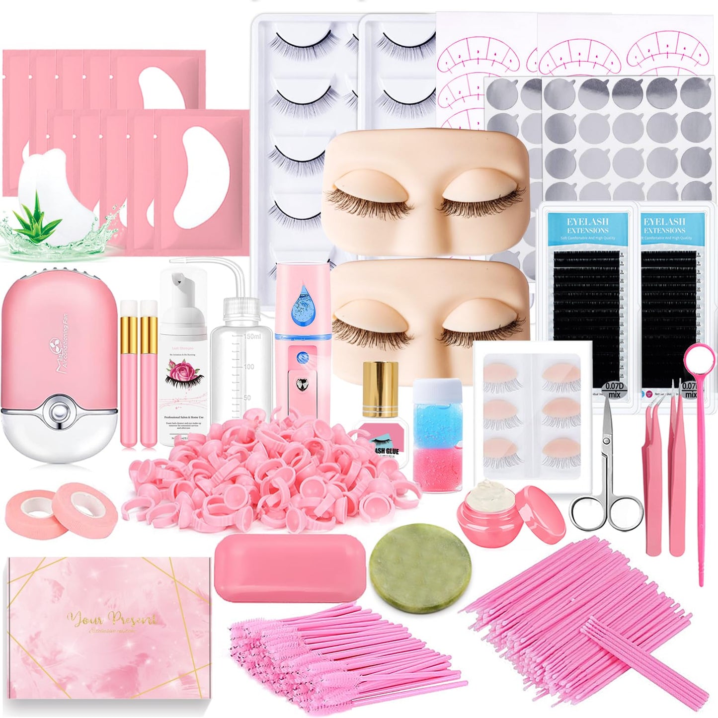 DNSGOOR Lash Extension Kit Professional Eyelash Extensions Supplies Training for Beginners Mannequin Head Grafting Lash USB Fan Lash Shampoo Brush…