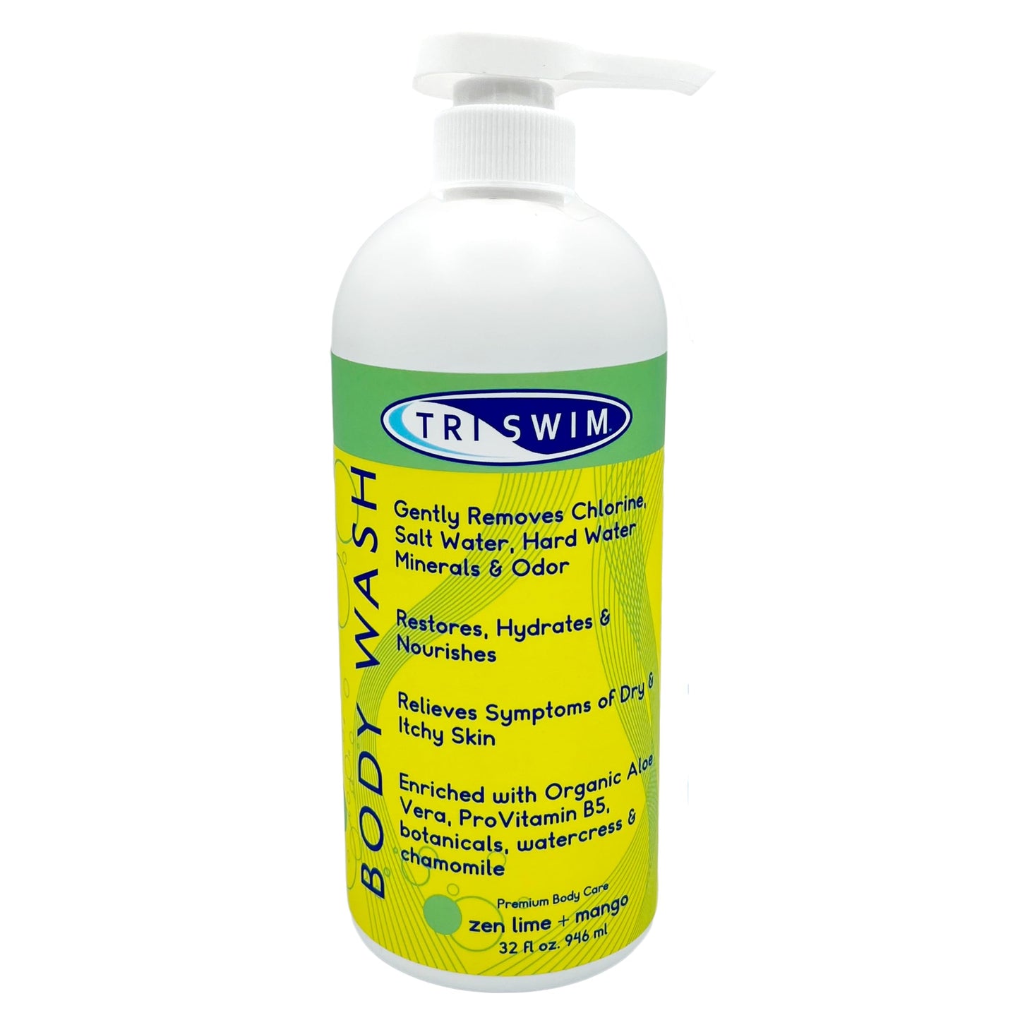 TRISWIM Chlorine Removal Body Wash 32 Fl Oz | Removes Chlorine, Bromine, Hard Water Minerals & Saltwater | Hydrates & Restores Skin | Zen Lime + Mango