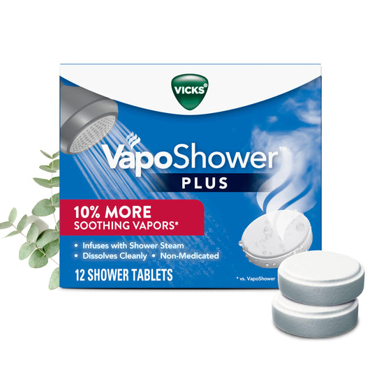 Vicks VapoShower Plus Shower Steamers – 12 Ct Eucalyptus & Menthol Scented Aromatherapy Shower Tablets, Clean Dissolving Bombs