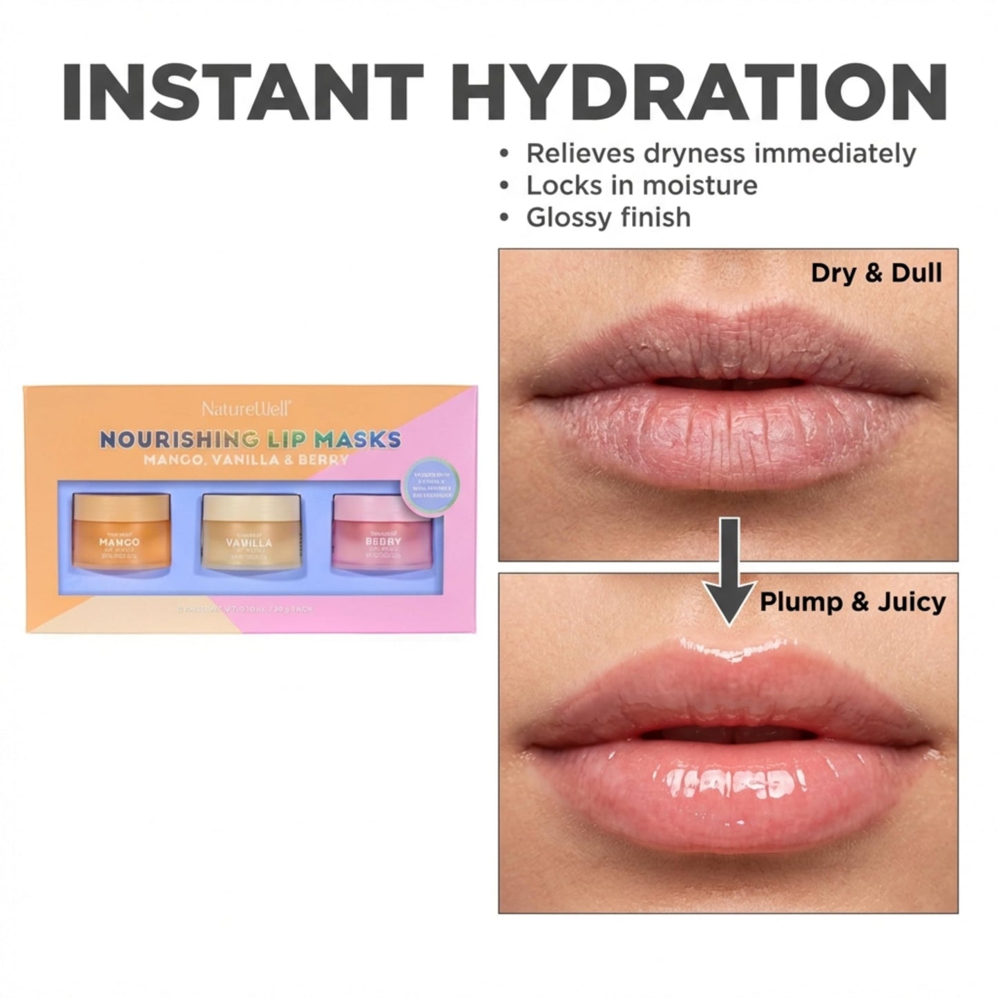 NATURE WELL Hydrating Lip Masks Variety Pack, Includes Mango, Vanilla & Berry Scents, High-Shine, Non-Greasy, Conditioning & Softening, 0.70 Ounce