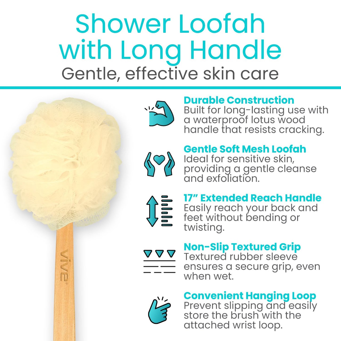 Vive 17” Shower Loofah with Long Handle - Exfoliating Back & Body Scrubber for Men & Women - Luffa Sponge on a Stick for Bathing, Cleaning - Includes