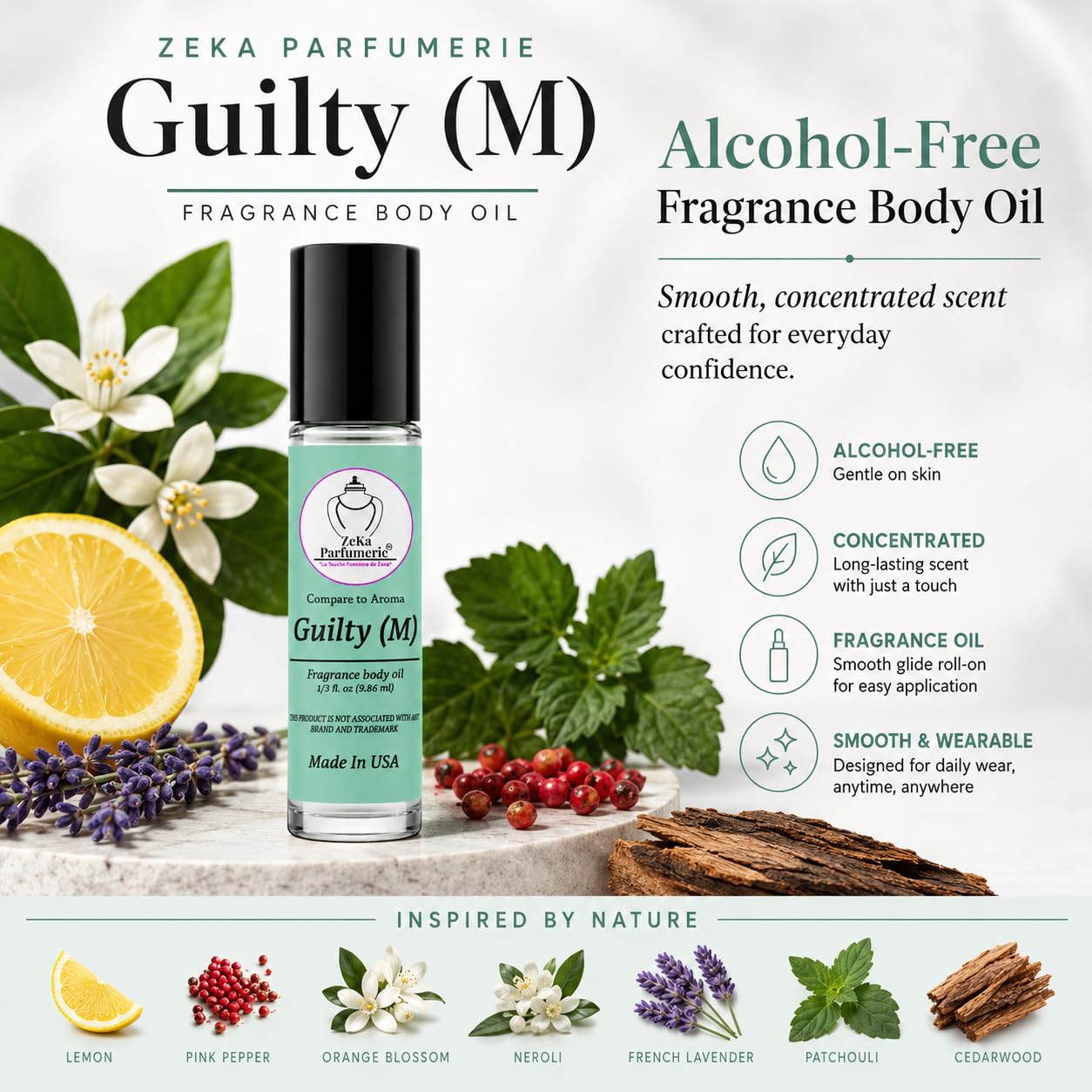 ZEKA PARFUMERIE Compare to Aroma compatible with Guilty for Men Fragrance Body oil on 1/3 oz (9.86ml) Travel size Roll-On Botlle