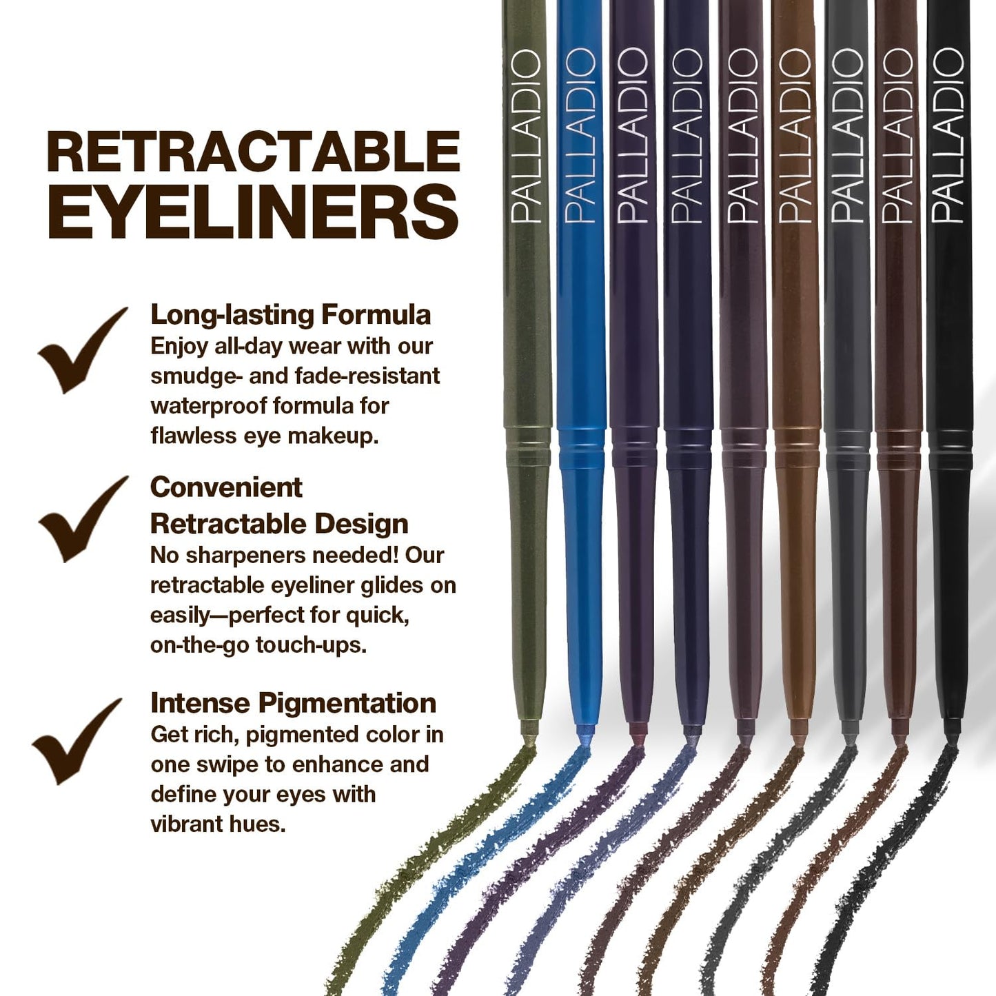 Palladio Retractable Waterproof Eyeliner, Richly Pigmented Color and Creamy, Slip Twist Up Pencil Eye Liner, Smudge Proof Long Lasting Application