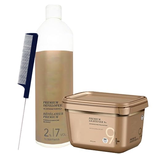 Blonde Me Lightener 9+ Bleach 450g with Blonde Me 2% / 7 Volume Developer 1L and Pin Tail Comb - Professional Hair Bleaching Kit for Subtle Lift