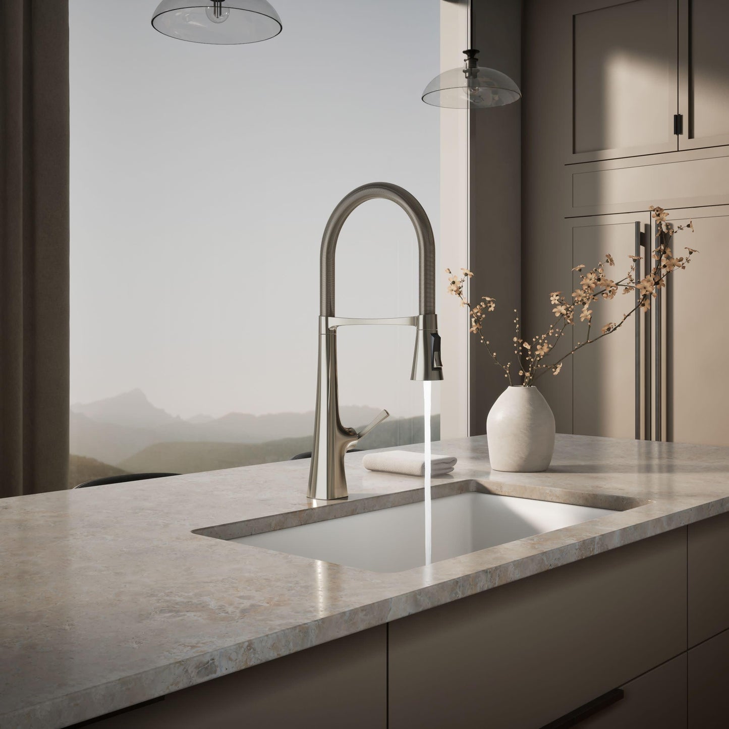Kohler 22060-SN Graze Commercial, 3 Function Tall Semi-pro Kitchen Sink Faucet with Pull Down Sprayer, Vibrant Polished Nickel