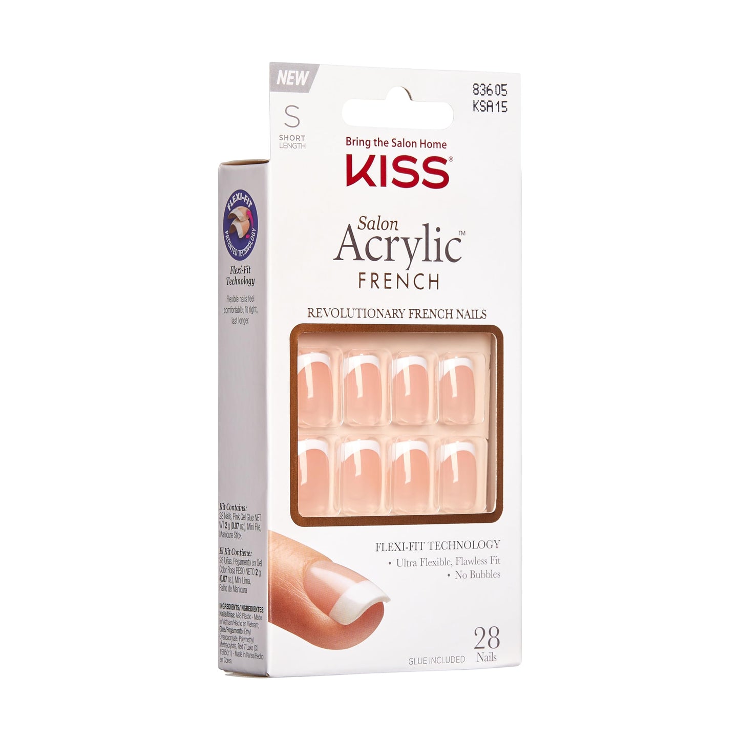 KISS Salon Acrylic Press On Nails, Nail glue included, 'Bonjour', Nude/ White, Short Size, Squoval Shape, Includes 28 Nails, 2g Glue, 1 Manicure