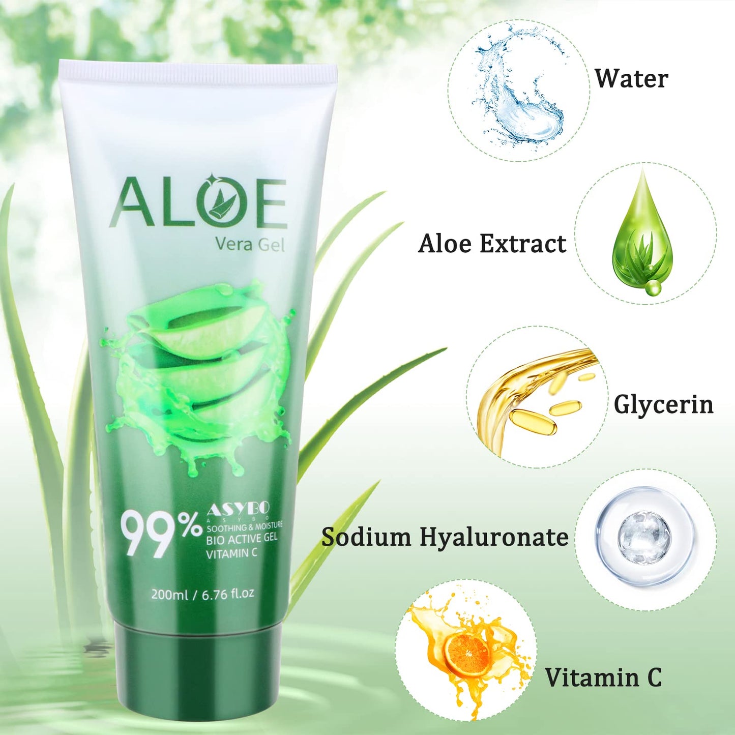 ASYBO 200x2 ML Aloe Vera Gel - 99% Organic Pure Aloe Vera Hydrating Face & Body Moisturizer, Natural Aloe Cream for Dry Skin, Sunburn, Acne, Soothing