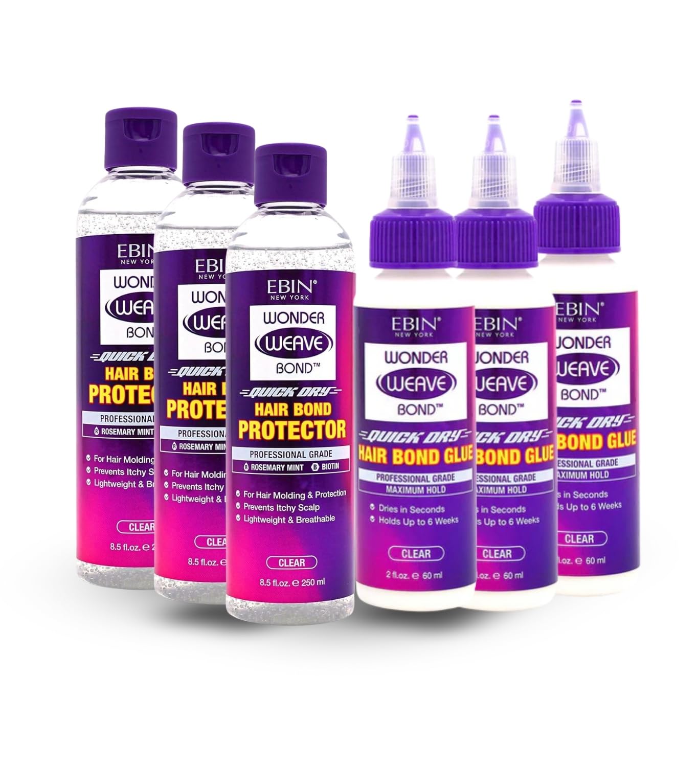 EBIN NEW YORK Wonder Weave Bond Hair Protector (Clear) 8.5 oz Bundle with Hair Bond Glue (Clear) 2 oz Protective Shield & Secure Hold - Seamless