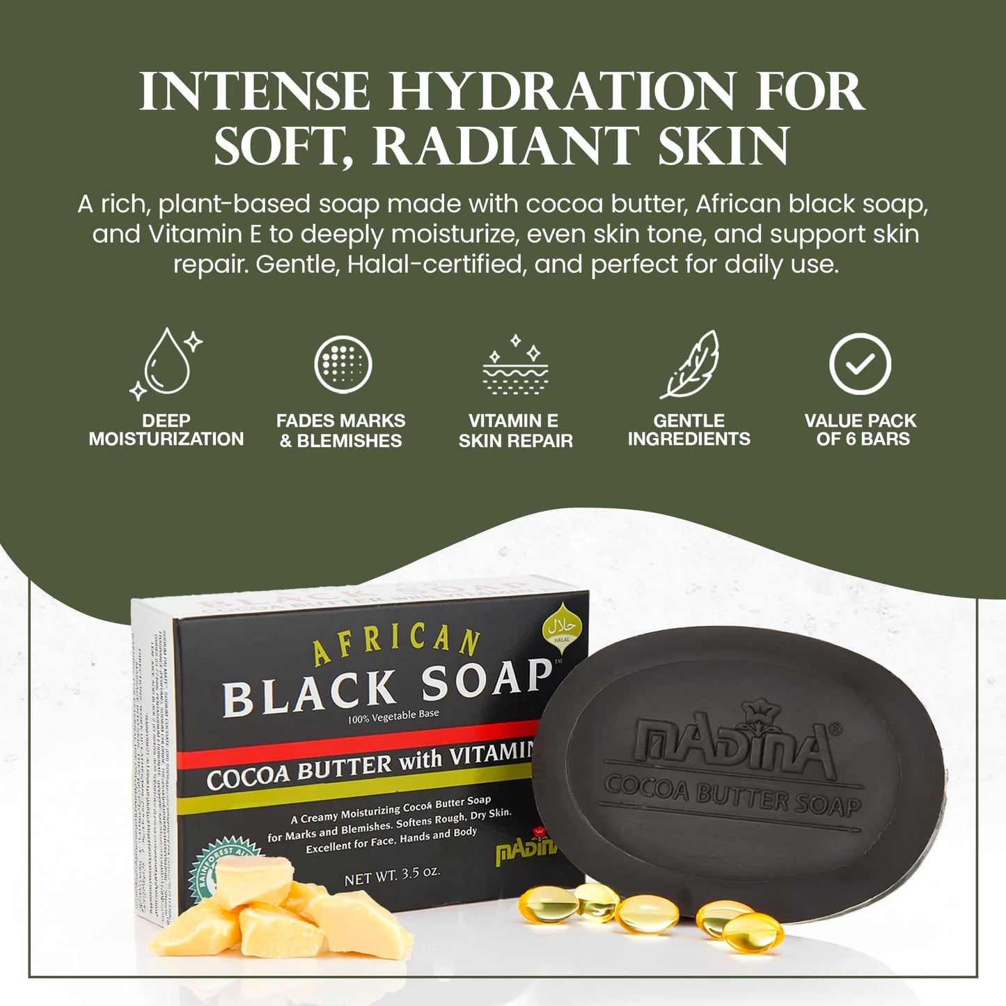 Madina African Black Soap Bar - Cocoa Butter, Vitamin E, Moisturizing, Skin-Restoring, Marks & Blemishes, Face & Body Cleanser, 100% Vegetable-Based